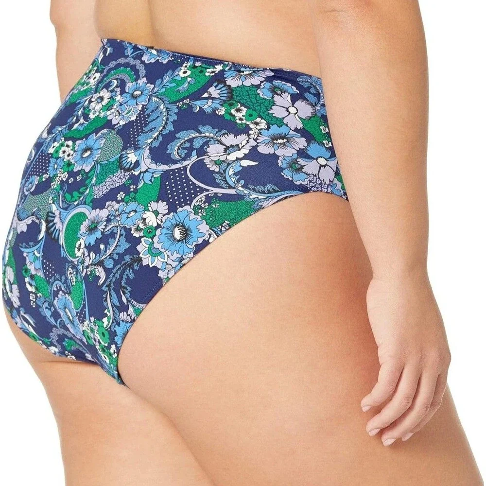 Essentials‎ High Waist Bikini Bottom Women's XL Deep Blue Paisley NEW